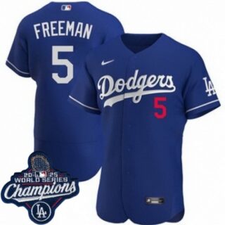 Men's Los Angeles Dodgers #5 Freddie Freeman Cool Base 2025 World Champions Stitched Baseball Jersey Blue