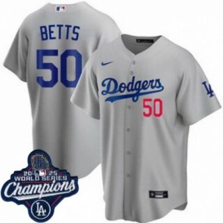 Men's Los Angeles Dodgers #50 Mookie Betts Cool Base 2025 World Champions Stitched Baseball Jersey Gray