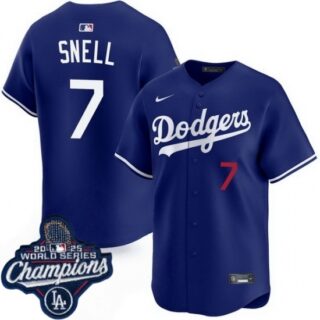 Men's Los Angeles Dodgers #7 Blake Snell Cool Base 2025 World Champions Stitched Baseball Jersey Blue
