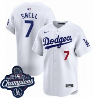 Men's Los Angeles Dodgers #7 Blake Snell Cool Base 2025 World Champions Stitched Baseball Jersey White