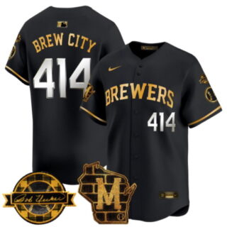 Men's Milwaukee Brewers #414 Black Gold With Home Limited Stitched Baseball Jersey