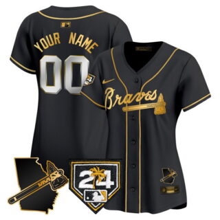 Women's Atlanta Braves Active Player Custom Black Gold 2024 Spring Training & Georgia Patch Vapor Limited Stitched Baseball Jersey(Run Small)