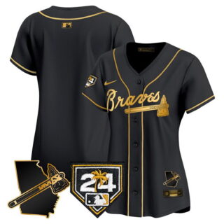 Women's Atlanta Braves Blank Black Gold 2024 Spring Training & Georgia Patch Vapor Limited Stitched Baseball Jersey(Run Small)