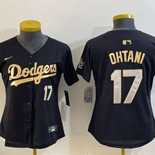 Women's Los Angeles Dodgers #17 Shohei Ohtani Black Gold 2025 World Series Champions Patch Limited Stitched Baseball Jersey(Run Small)