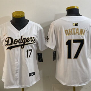 Women's Los Angeles Dodgers #17 Shohei Ohtani White Gold 2025 World Series Champions Patch Limited Stitched Baseball Jersey(Run Small)