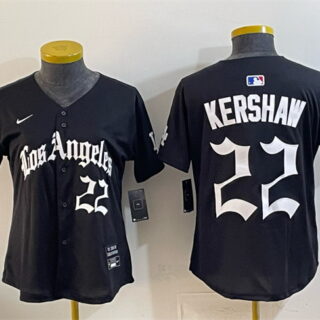 Women's Los Angeles Dodgers #22 Clayton Kershaw Black 2025 World Series Champions LA Gothic Edition Limited Stitched Baseball Jersey(Run Small)