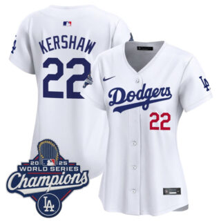 Women's Los Angeles Dodgers #22 Clayton Kershaw White 2025 World Series Champions Home Cool Base Stitched Baseball Jersey(Run Small)