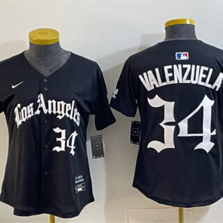 Women's Los Angeles Dodgers #34 Fernando Valenzuela Black 2025 World Series Champions LA Gothic Edition Limited Stitched Baseball Jersey(Run Small)