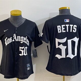 Women's Los Angeles Dodgers #50 Mookie Betts Black 2025 World Series Champions LA Gothic Edition Limited Stitched Baseball Jersey(Run Small)
