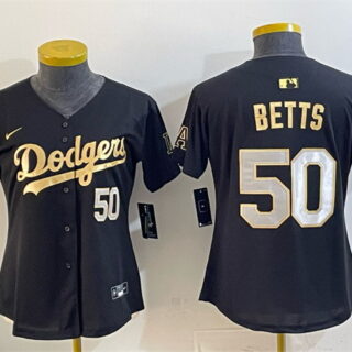 Women's Los Angeles Dodgers #50 Mookie Betts Black Gold 2025 World Series Champions Patch Limited Stitched Baseball Jersey(Run Small)