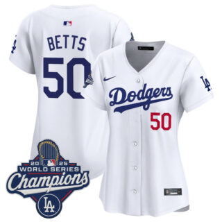 Women's Los Angeles Dodgers #50 Mookie Betts White 2025 World Series Champions Home Cool Base Stitched Baseball Jersey(Run Small)