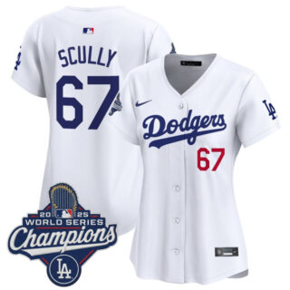 Women's Los Angeles Dodgers #67 Vin Scully White 2025 World Series Champions Home Cool Base Stitched Baseball Jersey(Run Small)