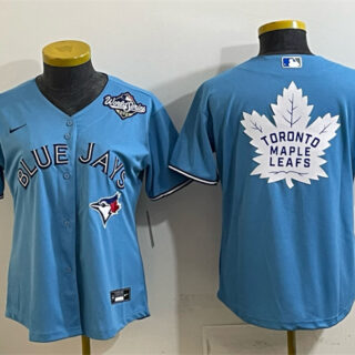 Women's Toronto Blue Jays & Leafs Blue 2025 World Series With White Leafs Logo Cool Base Stitched Baseball Jersey(Run Small)
