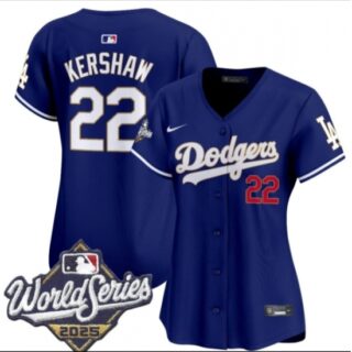 Women's Los Angeles Dodgers #22 Clayton Kershaw Royal 2025 World Series Limited Stitched Baseball Jersey(Run Small)