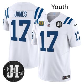 Youth Indianapolis Colts #17 Daniel Jones White 2025 F.U.S.E. With 4-Star C Patch And Jim Irsay Patch Vapor Limited Stitched Football Jersey