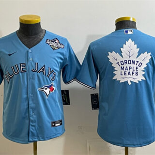 Youth Toronto Blue Jays & Leafs Blue 2025 World Series With White Leafs Logo Cool Base Stitched Baseball Jersey