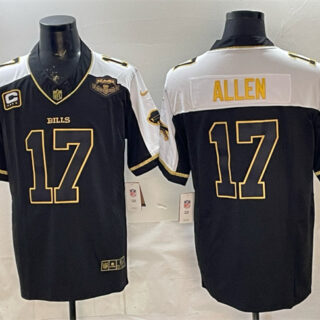 Men's Buffalo Bills #17 Josh Allen Black Gold 2025 F.U.S.E. With Farewell Patch & 4-Star C Patch Vapor Limited Stitched Football Jersey
