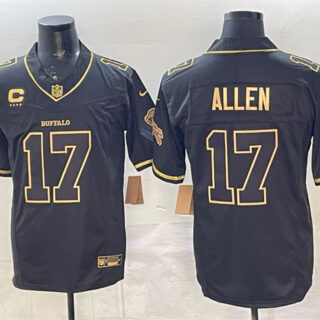 Men's Buffalo Bills #17 Josh Allen Black Gold 2025 F.U.S.E. Rivalries With 4-Star C Patch Vapor Limited Stitched Football Jersey