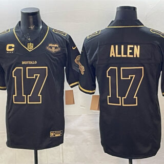 Men's Buffalo Bills #17 Josh Allen Black Gold 2025 F.U.S.E. Rivalries With Farewell Patch & 4-Star C Patch Vapor Limited Stitched Football Jersey