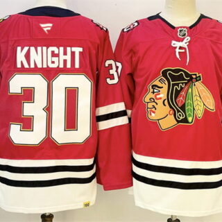 Men's Chicago Blackhawks #30 Spencer Knight Red 2025 Home 100th Anniversary Stitched Hockey Jersey