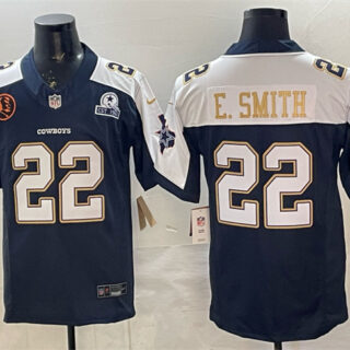 Men's Dallas Cowboys #22 Emmitt Smith Navy F.U.S.E. With John Madden Patch & Established In 1960 Patch Thanksgiving Vapor Limited Stitched Football Jersey