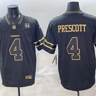 Men's Dallas Cowboys #4 Dak Prescott Black Gold 2025 F.U.S.E. 94 Marshawn Kneeland Memorial Patch Vapor Limited Stitched Football Jersey