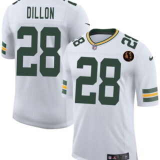 Men's Green Bay Packers #28 A. J. Dillon White 2025 New With John Madden Patch Vapor Untouchable Limited Stitched Football Jersey