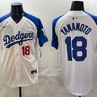 Men's Los Angeles Dodgers #18 Yoshinobu Yamamoto White Royal 2025 World Series Champions Patch Limited Stitched Baseball Jersey