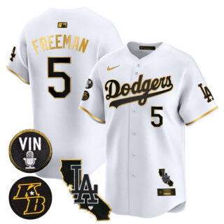 Men's Los Angeles Dodgers #5 Freddie Freeman White Gold 2025 Vin & Kobe Patch Vapor Limited V2 Stitched Baseball Jersey