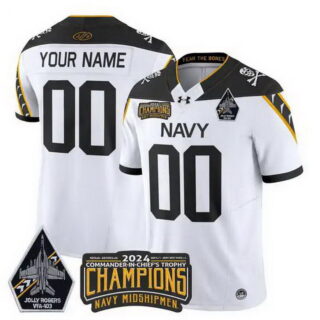 Men's Navy Midshipmen Active Player Custom White Black 2024 F.U.S.E. Champions Patch And Jolly Rogers VFA-103 Horvath Patch Stitched Football Jersey
