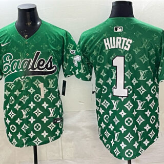 Men's Philadelphia Eagles #1 Jalen Hurts Green With Patch Limited Stitched Baseball Jersey