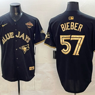 Men's Toronto Blue Jays #57 Shane Bieber Black Gold 2025 American League Champions Limited Stitched Baseball Jersey