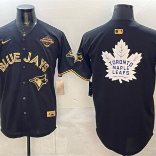 Men's Toronto Blue Jays & Leafs Black Gold 2025 American League Champions With White Leafs Logo Limited Stitched Baseball Jersey