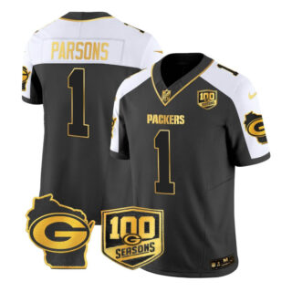 Men's Green Bay Packers #1 Micah Parsons 100th Season Home Patch Black and Gold Vapor Limited Jersey All Stitched