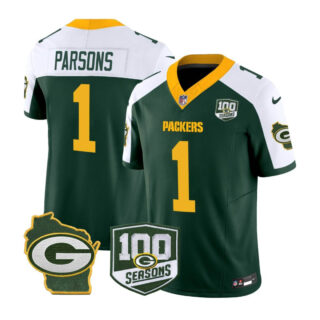 Men's Green Bay Packers #1 Micah Parsons 100th Season Home Patch Green Vapor Limited Jersey All Stitched