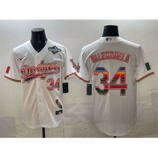 Men's Los Angeles Dodgers #34 Fernando Valenzuela White Mexico California 2025 World Series Patch Stitched Baseball Jersey