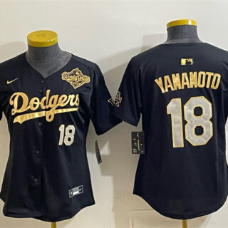 Women's Los Angeles Dodgers #18 Yoshinobu Yamamoto Black Gold 2025 World Series Patch Limited Stitched Baseball Jersey(Run Small)