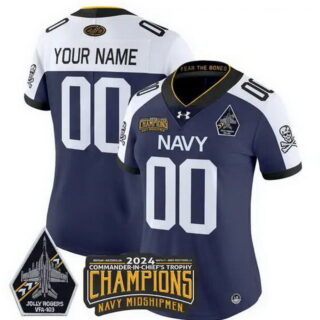 Women's Navy Midshipmen Active Player Custom Navy White 2024 Champions Patch And Jolly Rogers VFA-103 Horvath Patch Stitched Football Jersey