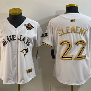 Women's Toronto Blue Jays #22 Ernie Clement White Gold 2025 American League Champions Limited Stitched Baseball Jersey(Run Small)