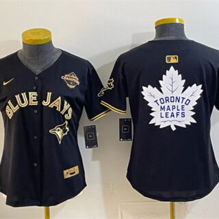 Women's Toronto Blue Jays & Leafs Black Gold 2025 American League Champions With White Leafs Logo Limited Stitched Baseball Jersey(Run Small)