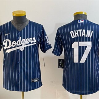 Youth Los Angeles Dodgers #17 Shohei Ohtani Navy Pinstripe 2025 World Series Champions Patch Cool Base Stitched Baseball Jersey