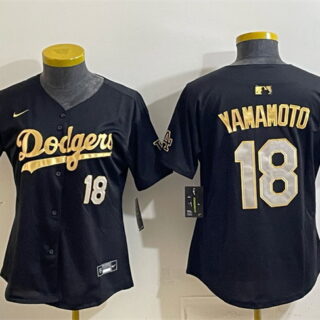 Youth Los Angeles Dodgers #18 Yoshinobu Yamamoto Black Gold 2025 World Series Champions Patch Limited Stitched Baseball Jersey