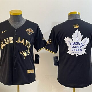 Youth Toronto Blue Jays & Leafs Black Gold 2025 American League Champions With White Leafs Logo Limited Stitched Baseball Jersey