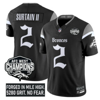Men's Denver Broncos #2 Patrick Surtain II Black F.U.S.E 2025 Afc West Champions Patch Gothic Mile High Shadows Edition Vapor Limited Stitched Football Jersey