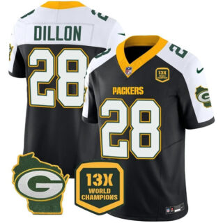 Men's Green Bay Packers #28 AJ Dillon Black White 2023 F.U.S.E. Home Patch 13 Time World Champions Vapor Untouchable Limited Stitched Football Jersey
