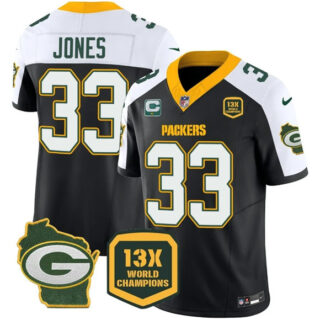 Men's Green Bay Packers #33 Aaron Jones Black White 2023 F.U.S.E. Home With 1-Star C Patch 13 Time World Champions Vapor Untouchable Limited Stitched Football Jersey