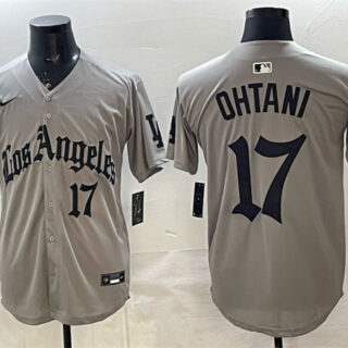 Men's Los Angeles Dodgers #17 Shohei Ohtani Grey LA Gothic Style With 2025 World Series Champions Patch Limited Stitched Baseball Jersey