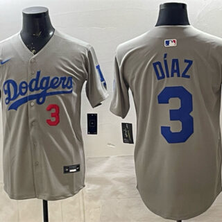 Mens Los Angeles Dodgers #3 Edwin Diaz Grey With 2025 World Series Champions Patch Limited Stitched Baseball Jersey