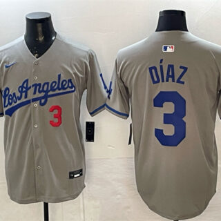 Mens Los Angeles Dodgers #3 Edwin Diaz Grey With 2025 World Series Champions Patch Limited Stitched Baseball JerseyS