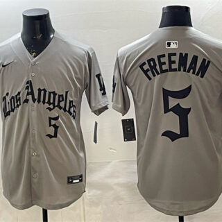 Men's Los Angeles Dodgers #5 Freddie Freeman Grey LA Gothic Style With 2025 World Series Champions Patch Limited Stitched Baseball Jersey